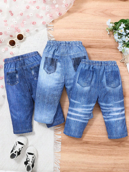 3pcs Baby Girl Fashionable Cute Print Elastic Comfortable Pants Set Graduation Navy Blue Aqua Blue Blue Autumn Casual Cute