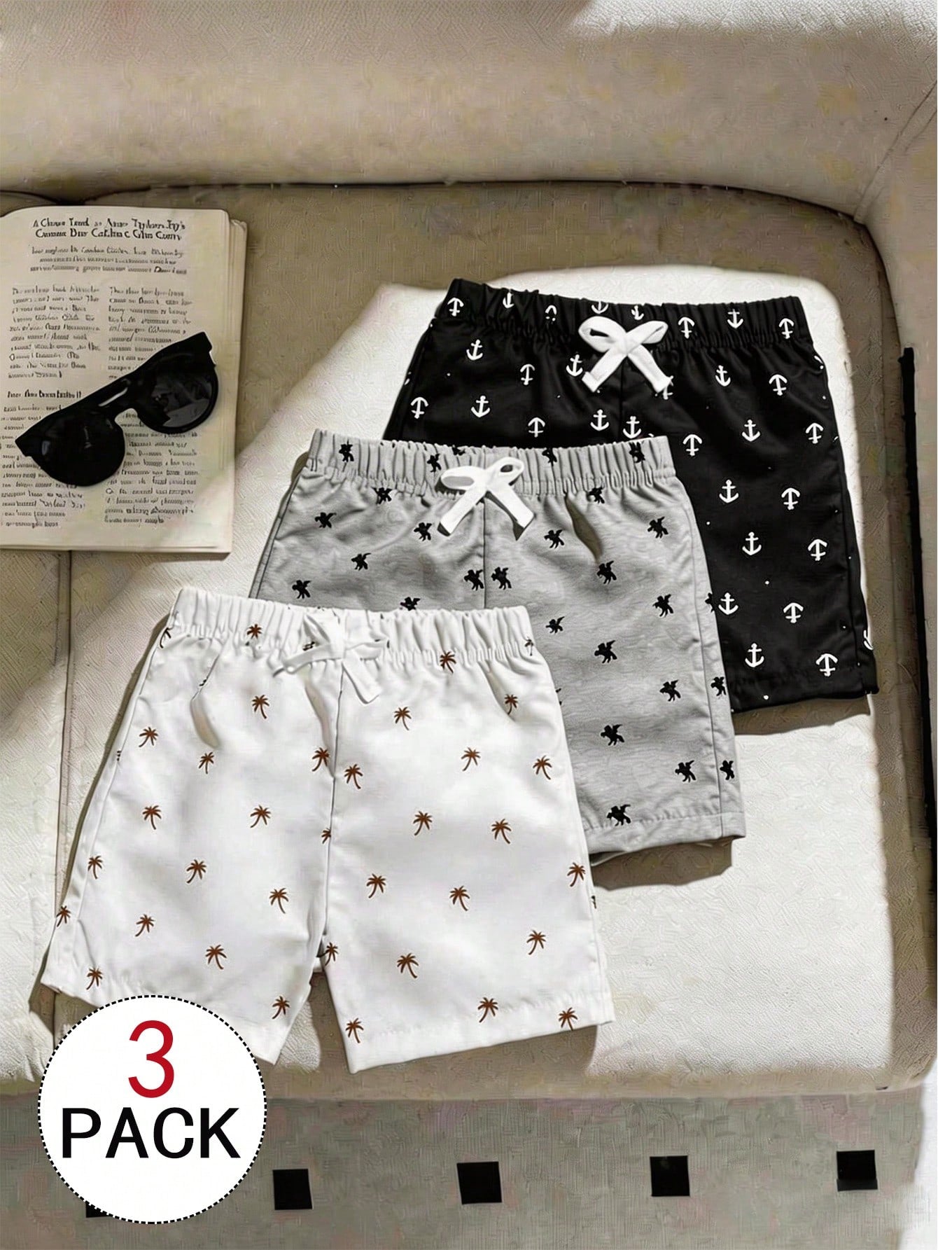 3pcs Baby Toddler Boys' Casual Multi-Color Elastic Waist Drawstring Printed Shorts Suitable For Summer Outdoor School Daily Light Grey Soft