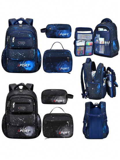 3Pcs Boys' School Backpack Lunch Box Bag Pencil Case Set Starry Sky Kids Backpack Large Capacity Lightweight Multifunctional School Bag Outdoor Travel Backpack Ideal For Teens, Elementary & Middle Sch