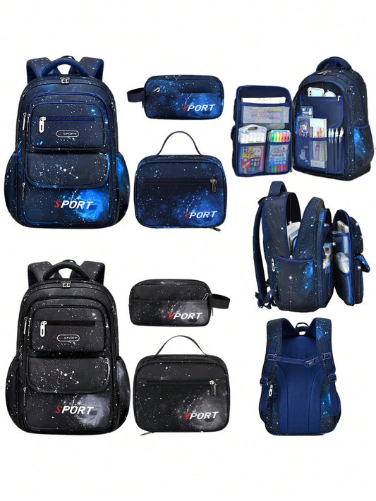 3Pcs Boys' School Backpack Lunch Box Bag Pencil Case Set Starry Sky Kids Backpack Large Capacity Lightweight Multifunctional School Bag Outdoor Travel Backpack Ideal For Teens, Elementary & Middle Sch