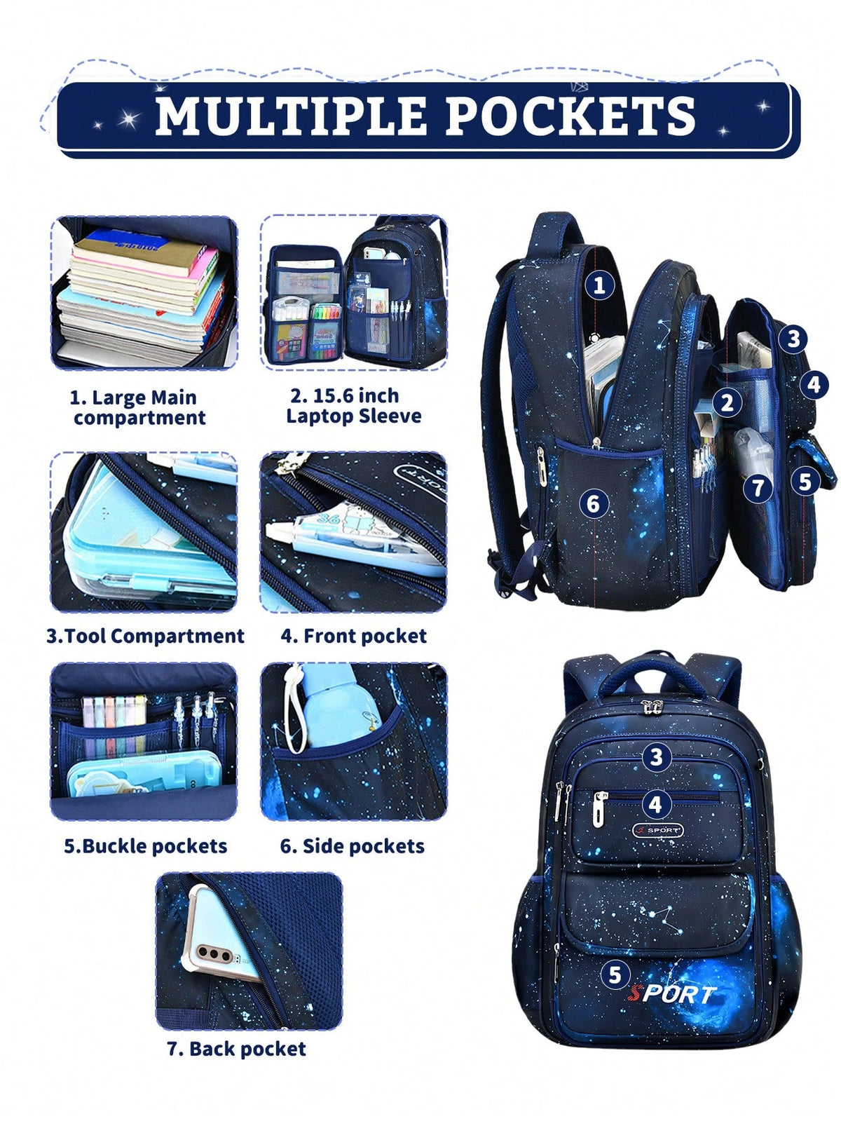 3Pcs Boys' School Backpack Lunch Box Bag Pencil Case Set Starry Sky Kids Backpack Large Capacity Lightweight Multifunctional School Bag Outdoor Travel Backpack Ideal For Teens, Elementary & Middle Sch