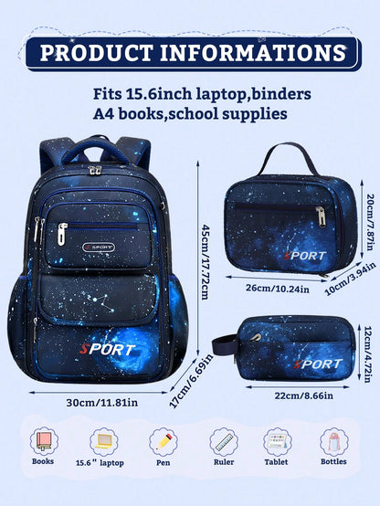 3Pcs Boys' School Backpack Lunch Box Bag Pencil Case Set Starry Sky Kids Backpack Large Capacity Lightweight Multifunctional School Bag Outdoor Travel Backpack Ideal For Teens, Elementary & Middle Sch