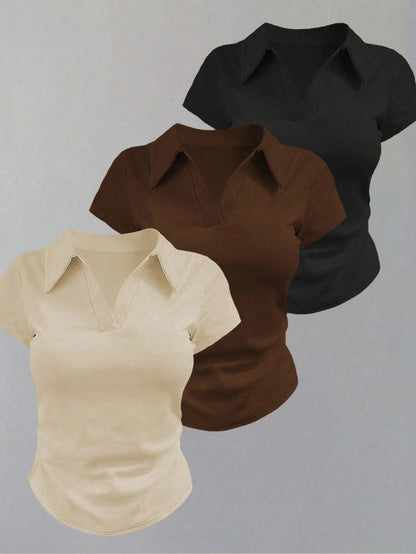 3pcs Casual Solid Color Polo Collar Slim Fit T-Shirts, Suitable For Daily Wear