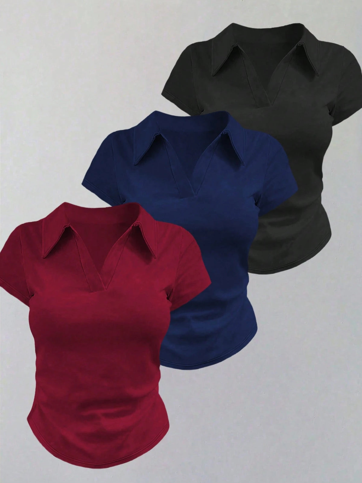 3pcs Casual Solid Color Polo Collar Slim Fit T-Shirts, Suitable For Daily Wear