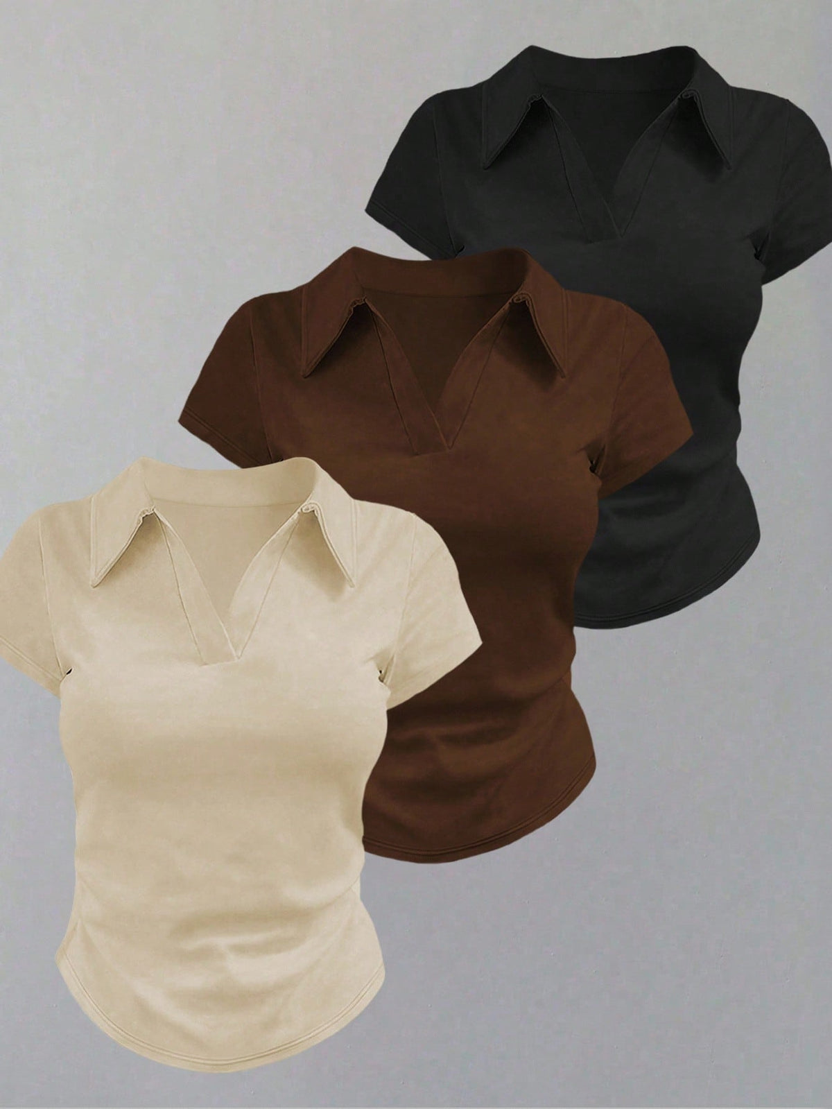 3pcs Casual Solid Color Polo Collar Slim Fit T-Shirts, Suitable For Daily Wear