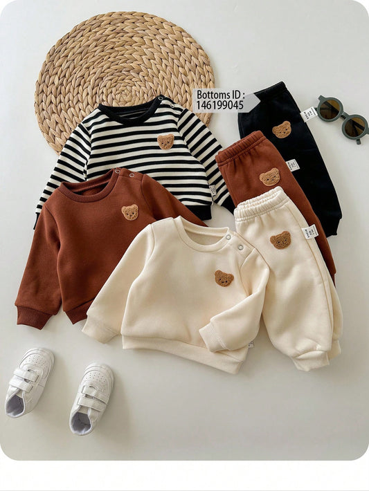 3pcs Newborn Baby Cute Knitted Striped Cartoon Pattern Long Sleeve Sweatshirt, Fall Clothes Winter((Only Tops Are Sold))
