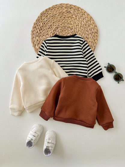 3pcs Newborn Baby Cute Knitted Striped Cartoon Pattern Long Sleeve Sweatshirt, Fall Clothes Winter((Only Tops Are Sold))