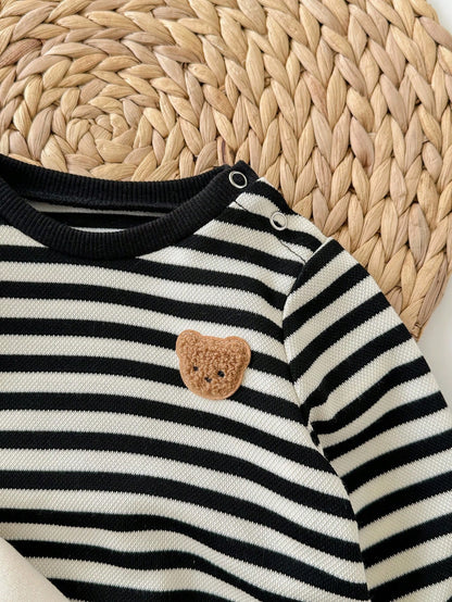 3pcs Newborn Baby Cute Knitted Striped Cartoon Pattern Long Sleeve Sweatshirt, Fall Clothes Winter((Only Tops Are Sold))