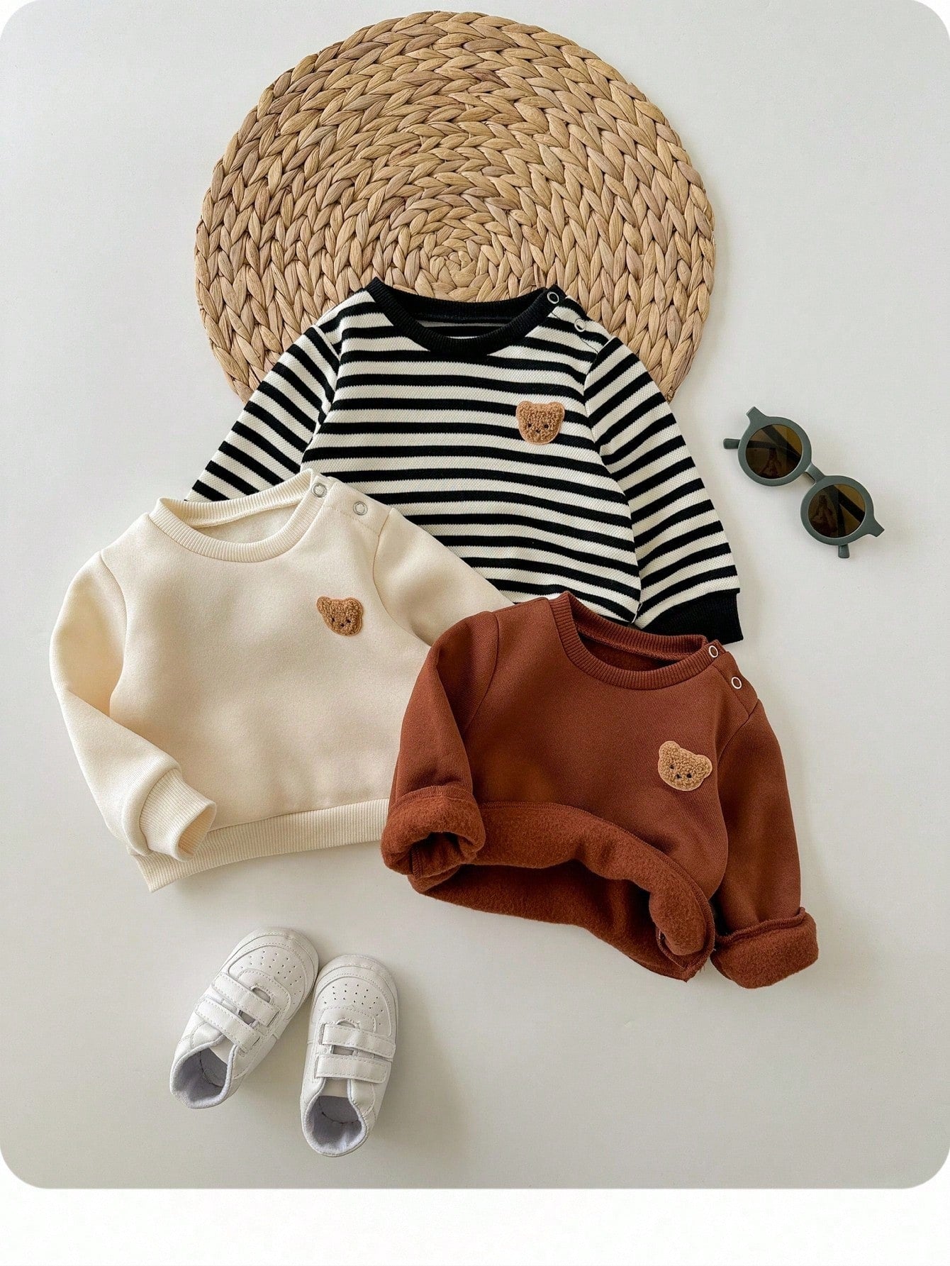3pcs Newborn Baby Cute Knitted Striped Cartoon Pattern Long Sleeve Sweatshirt, Fall Clothes Winter((Only Tops Are Sold))