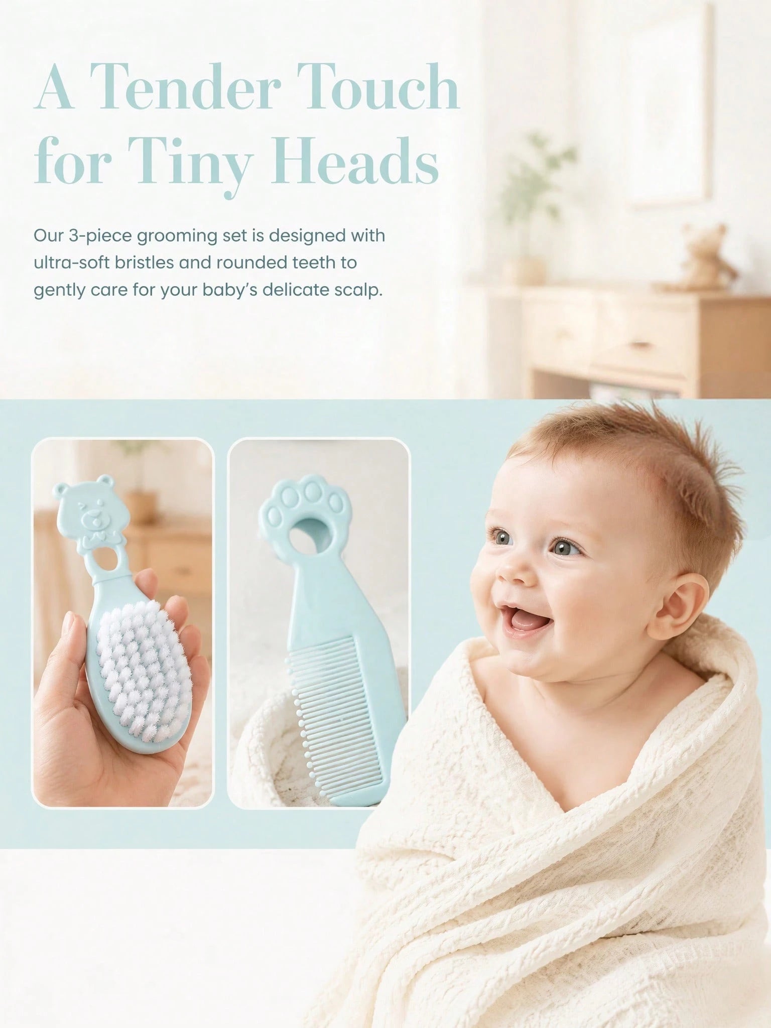 3pcs Newborn Comb And Brush Set, For Removing Fetal Hair, Baby Head Care Comb And Brush, Combination Baby Massage Comb And Brush Set