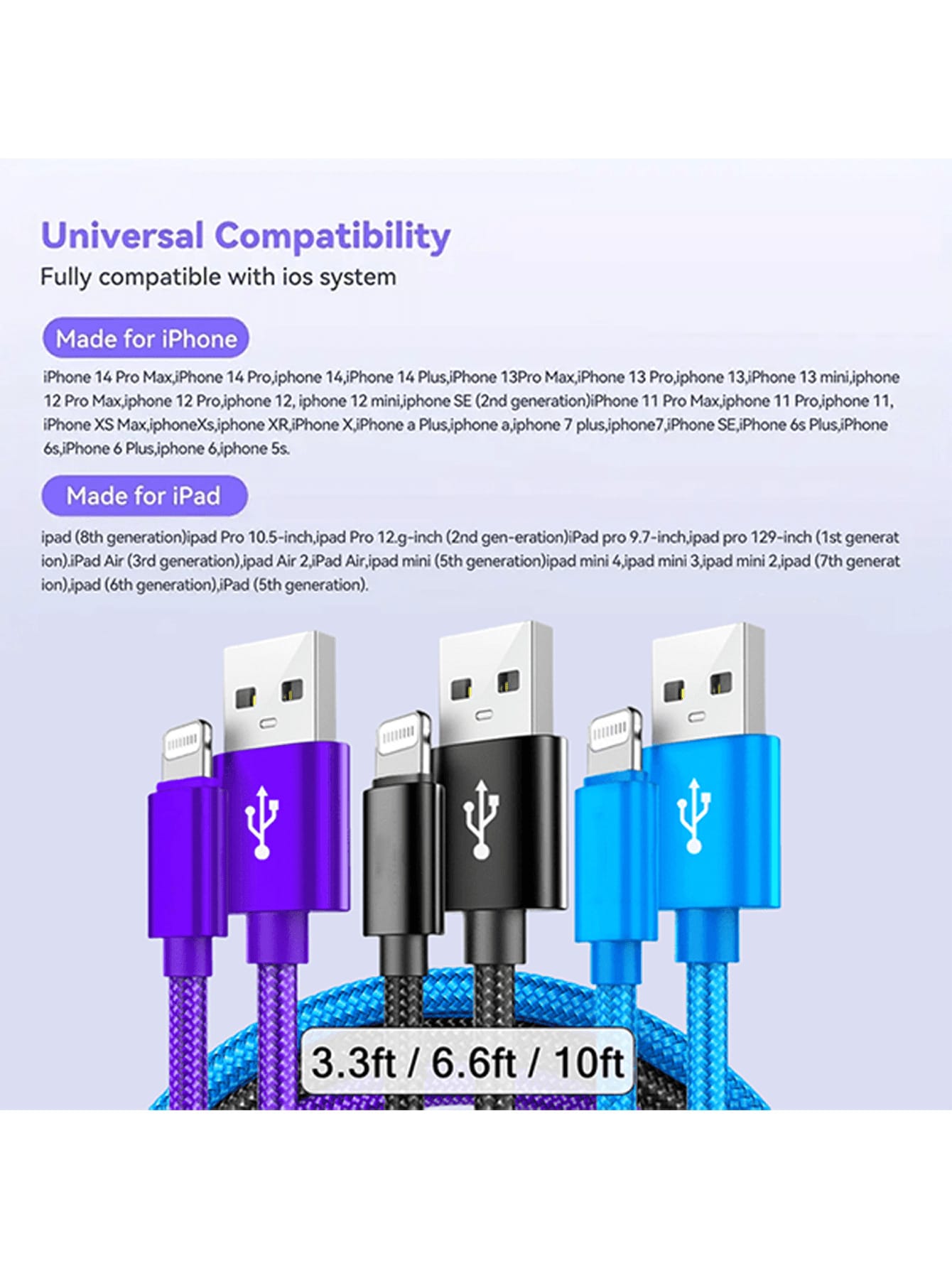 3pcs Nylon Braided Data Cable Set, Charging Cable Combo Pack, Includes Nylon Braided Lightning Data Cables Compatible With IPhone 14/13/12/Pro Max/X/XR/XS/8/7/6s/6/. These Data Cables Feature A Matte