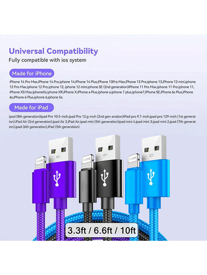 3pcs Nylon Braided Data Cable Set, Charging Cable Combo Pack, Includes Nylon Braided Lightning Data Cables Compatible With IPhone 14/13/12/Pro Max/X/XR/XS/8/7/6s/6/. These Data Cables Feature A Matte