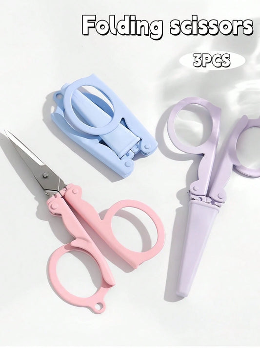 3Pcs Portable Foldable Scissors With Protective Cover- 3 Colors, Multifunctional Stainless Steel Folding Household Scissors, Suitable For Office, Sewing And Crafts