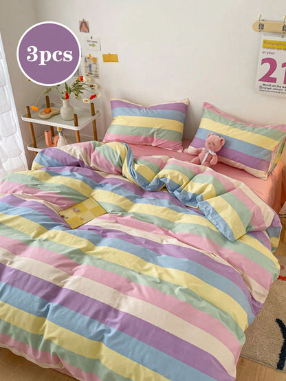 3pcs Rainbow Striped Plaid Pattern, Fresh Unisex, Dorm Decor, Ultra Soft & Cute, Suitable For All Seasons, Frosted Duvet Cover, Home Bedding Set, Duvet Insert Not Included, Available In Twin, Full, Qu