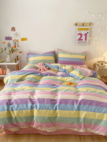 3pcs Rainbow Striped Plaid Pattern, Fresh Unisex, Dorm Decor, Ultra Soft & Cute, Suitable For All Seasons, Frosted Duvet Cover, Home Bedding Set, Duvet Insert Not Included, Available In Twin, Full, Qu