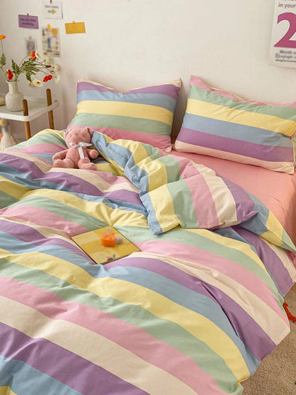 3pcs Rainbow Striped Plaid Pattern, Fresh Unisex, Dorm Decor, Ultra Soft & Cute, Suitable For All Seasons, Frosted Duvet Cover, Home Bedding Set, Duvet Insert Not Included, Available In Twin, Full, Qu