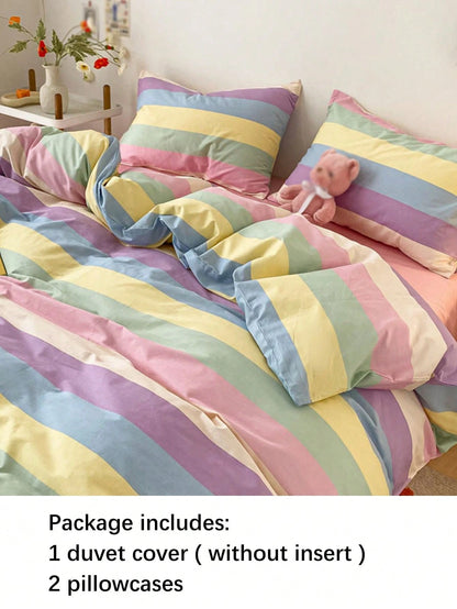 3pcs Rainbow Striped Plaid Pattern, Fresh Unisex, Dorm Decor, Ultra Soft & Cute, Suitable For All Seasons, Frosted Duvet Cover, Home Bedding Set, Duvet Insert Not Included, Available In Twin, Full, Qu
