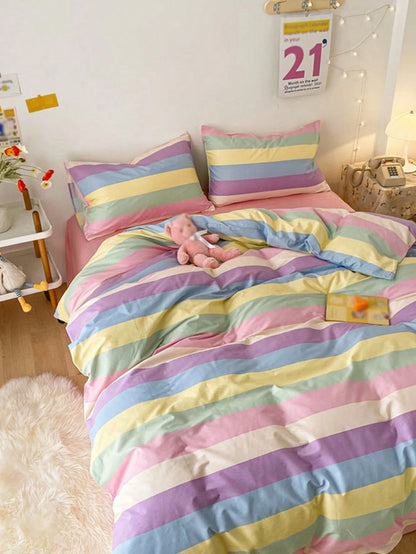 3pcs Rainbow Striped Plaid Pattern, Fresh Unisex, Dorm Decor, Ultra Soft & Cute, Suitable For All Seasons, Frosted Duvet Cover, Home Bedding Set, Duvet Insert Not Included, Available In Twin, Full, Qu