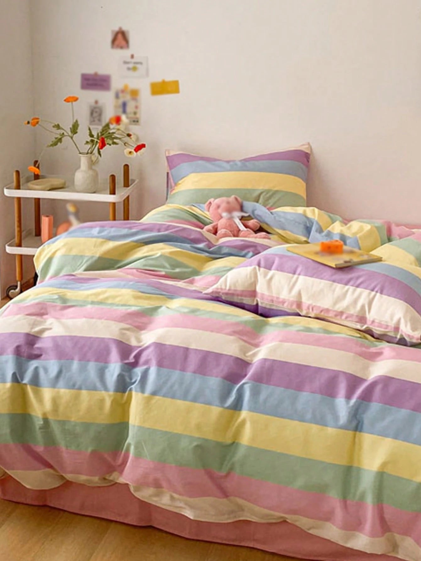 3pcs Rainbow Striped Plaid Pattern, Fresh Unisex, Dorm Decor, Ultra Soft & Cute, Suitable For All Seasons, Frosted Duvet Cover, Home Bedding Set, Duvet Insert Not Included, Available In Twin, Full, Qu