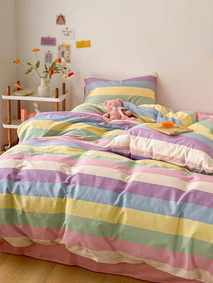 3pcs Rainbow Striped Plaid Pattern, Fresh Unisex, Dorm Decor, Ultra Soft & Cute, Suitable For All Seasons, Frosted Duvet Cover, Home Bedding Set, Duvet Insert Not Included, Available In Twin, Full, Qu
