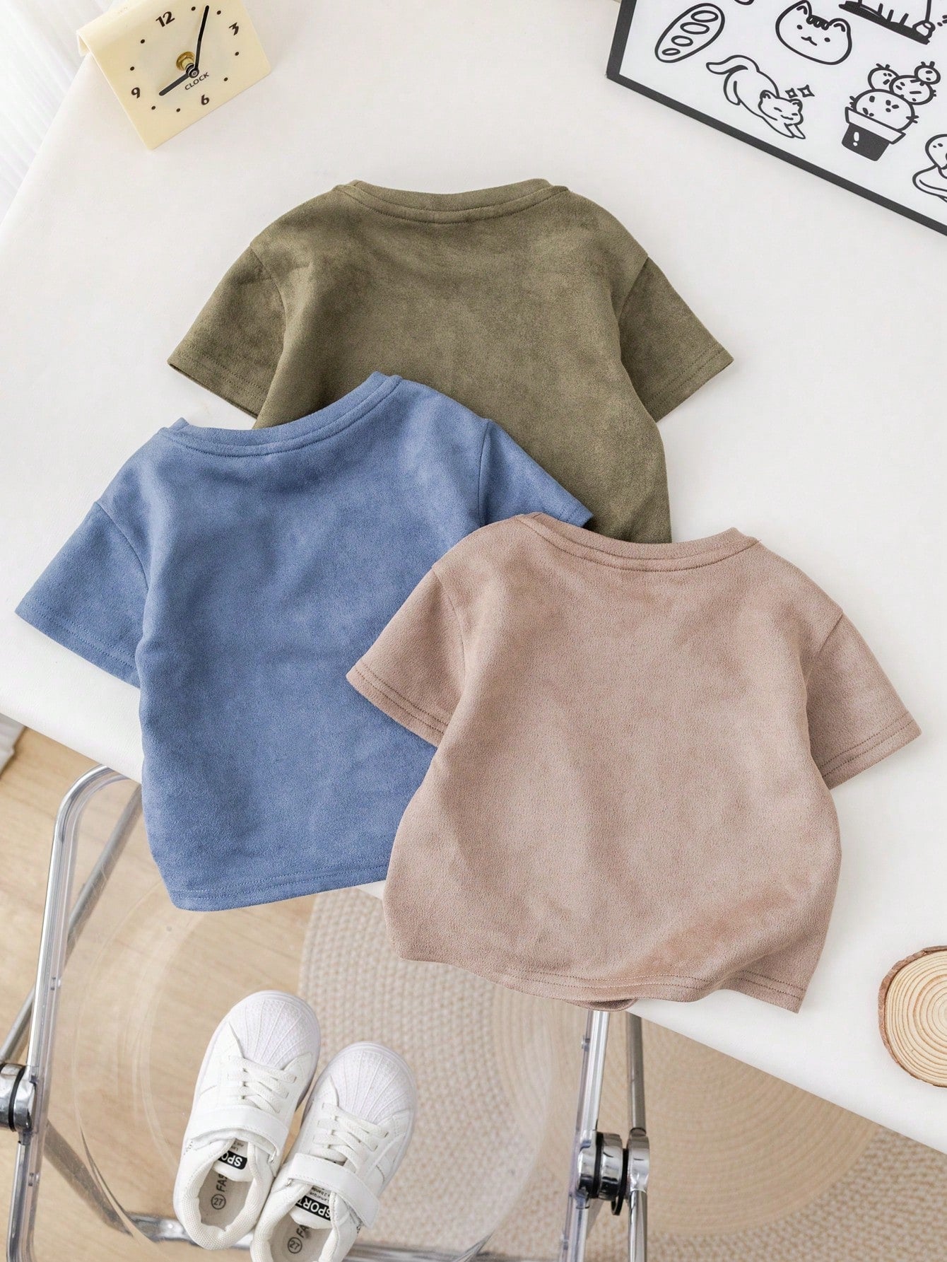 3pcs/Set Baby Boy/Girl Casual Korean Style Cute Faux Suede Short Sleeve Top Outfit, Spring/Summer