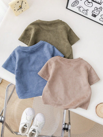 3pcs/Set Baby Boy/Girl Casual Korean Style Cute Faux Suede Short Sleeve Top Outfit, Spring/Summer
