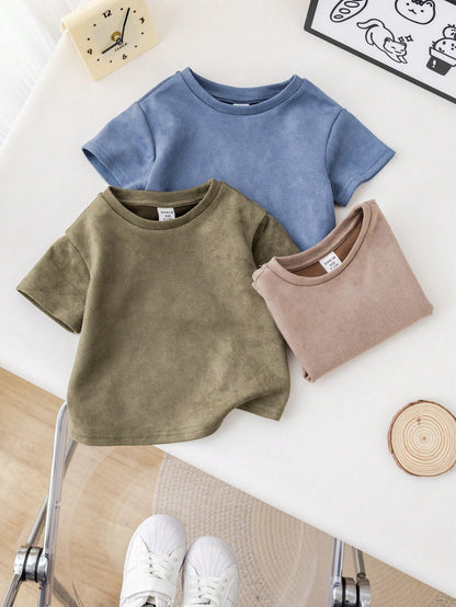 3pcs/Set Baby Boy/Girl Casual Korean Style Cute Faux Suede Short Sleeve Top Outfit, Spring/Summer
