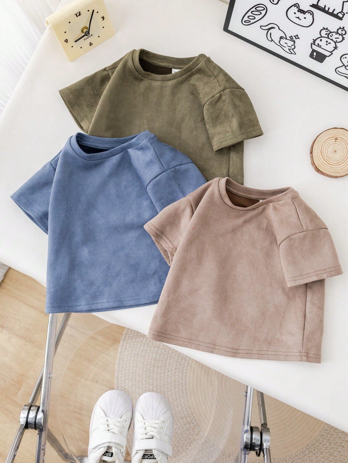3pcs/Set Baby Boy/Girl Casual Korean Style Cute Faux Suede Short Sleeve Top Outfit, Spring/Summer