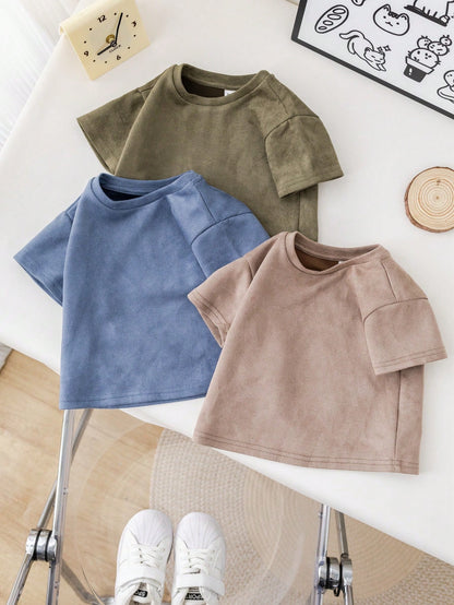 3pcs/Set Baby Boy/Girl Casual Korean Style Cute Faux Suede Short Sleeve Top Outfit, Spring/Summer