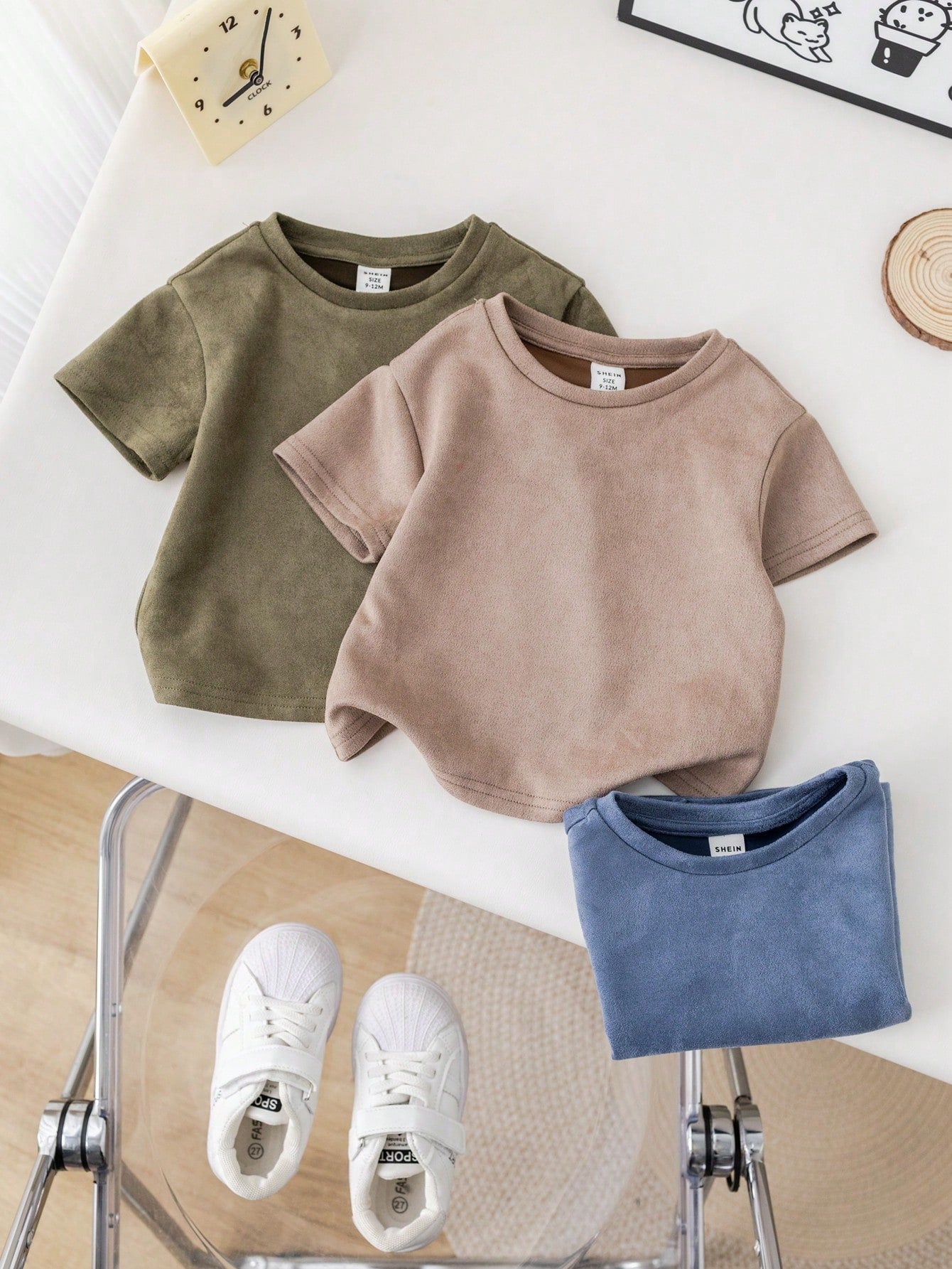 3pcs/Set Baby Boy/Girl Casual Korean Style Cute Faux Suede Short Sleeve Top Outfit, Spring/Summer