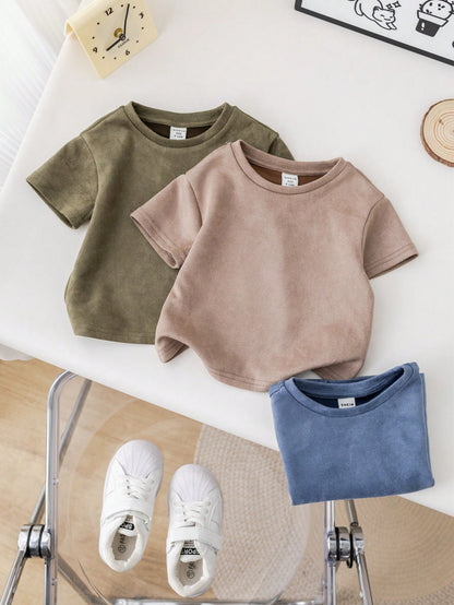 3pcs/Set Baby Boy/Girl Casual Korean Style Cute Faux Suede Short Sleeve Top Outfit, Spring/Summer