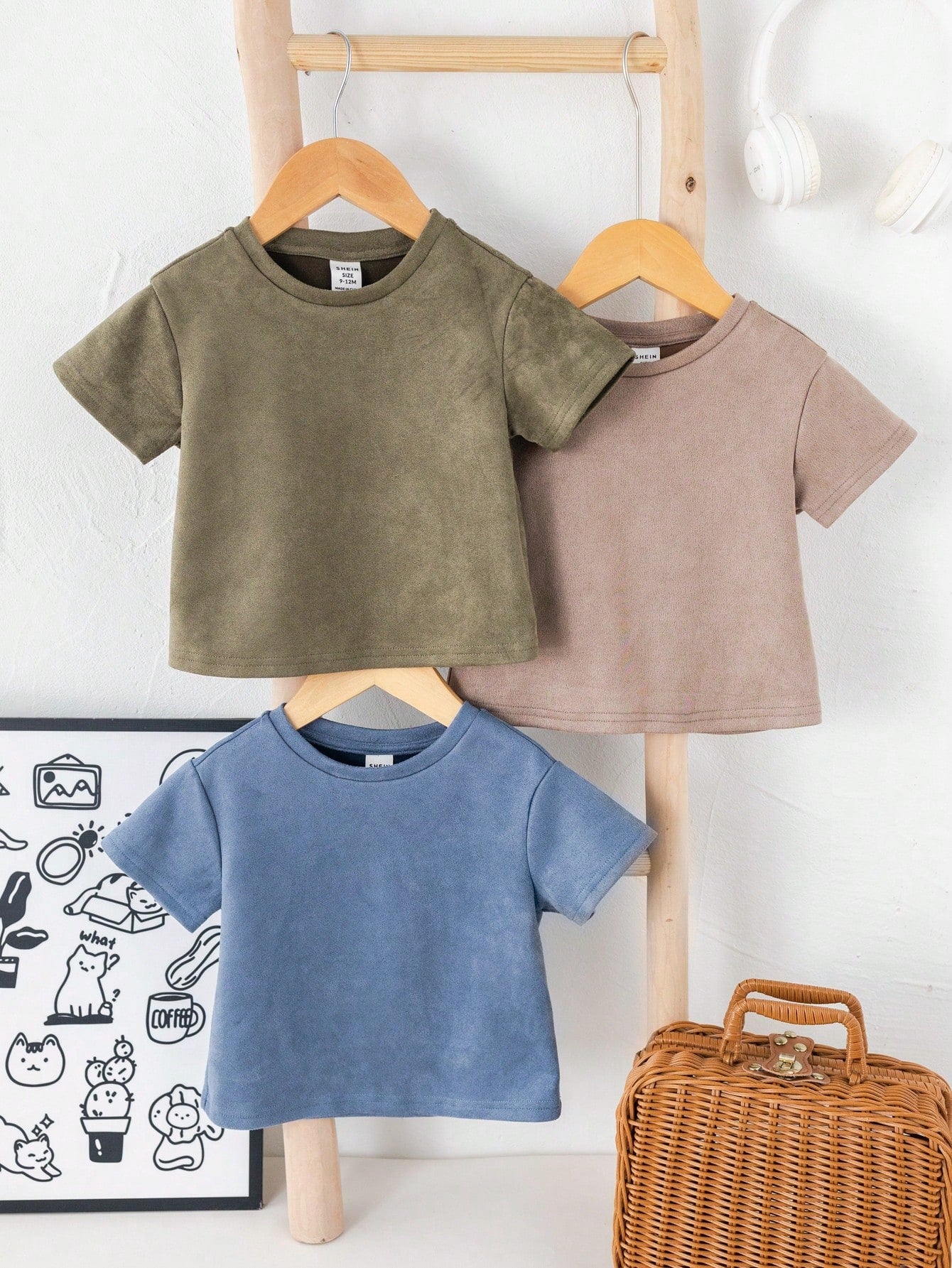 3pcs/Set Baby Boy/Girl Casual Korean Style Cute Faux Suede Short Sleeve Top Outfit, Spring/Summer