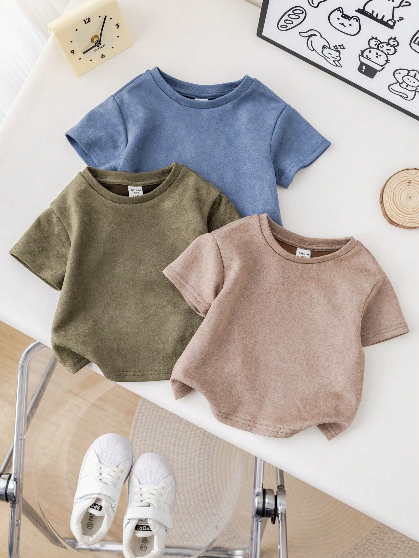 3pcs/Set Baby Boy/Girl Casual Korean Style Cute Faux Suede Short Sleeve Top Outfit, Spring/Summer
