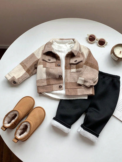 3pcs/Set Baby Boy Retro Plaid Jacket,White Ribbed Stand Collar Winter Top&Thermal Lined Pants,Autumn Matching Family Warm Fleece Clothes For Outdoor