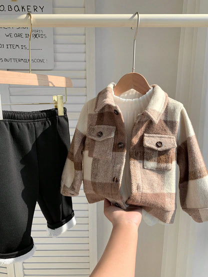 3pcs/Set Baby Boy Retro Plaid Jacket,White Ribbed Stand Collar Winter Top&Thermal Lined Pants,Autumn Matching Family Warm Fleece Clothes For Outdoor