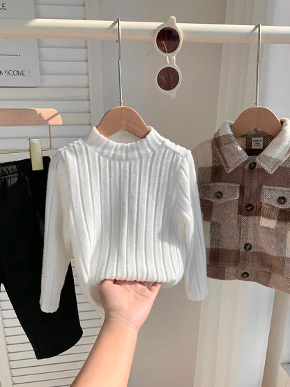 3pcs/Set Baby Boy Retro Plaid Jacket,White Ribbed Stand Collar Winter Top&Thermal Lined Pants,Autumn Matching Family Warm Fleece Clothes For Outdoor