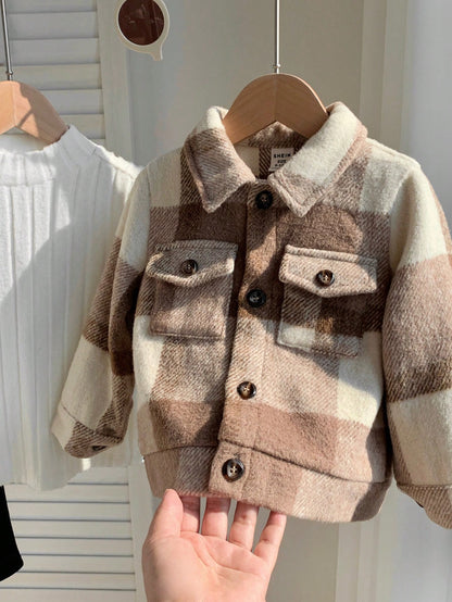 3pcs/Set Baby Boy Retro Plaid Jacket,White Ribbed Stand Collar Winter Top&Thermal Lined Pants,Autumn Matching Family Warm Fleece Clothes For Outdoor
