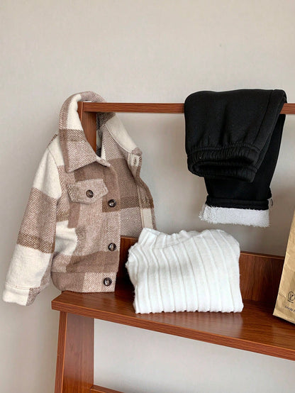 3pcs/Set Baby Boy Retro Plaid Jacket,White Ribbed Stand Collar Winter Top&Thermal Lined Pants,Autumn Matching Family Warm Fleece Clothes For Outdoor