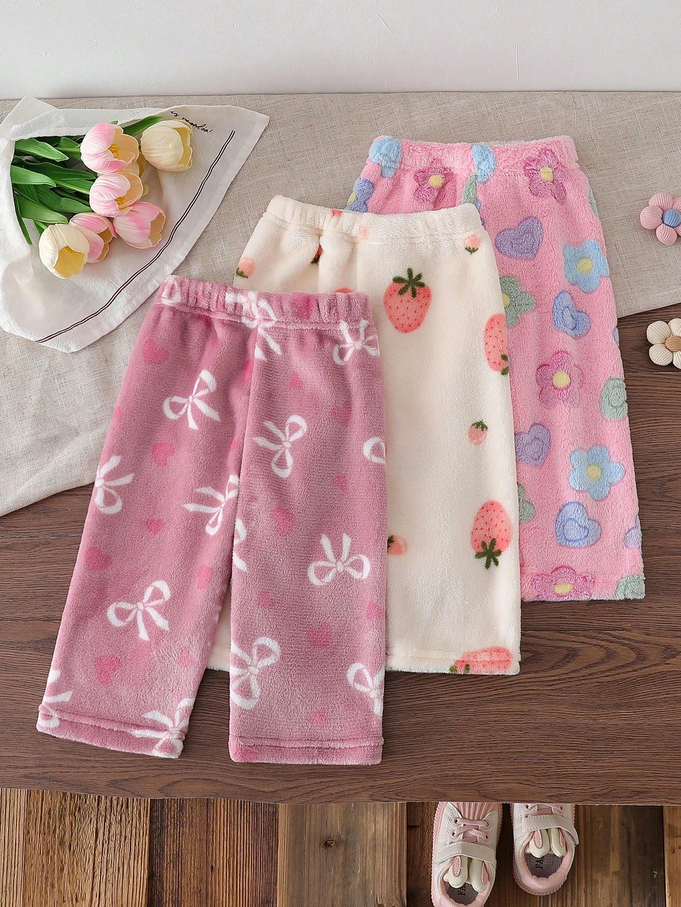 3pcs/Set Baby Girl Casual Strawberry, Bow, Flower Pattern Pants