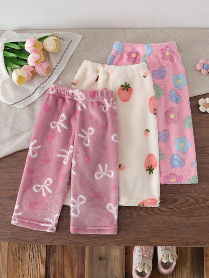 3pcs/Set Baby Girl Casual Strawberry, Bow, Flower Pattern Pants