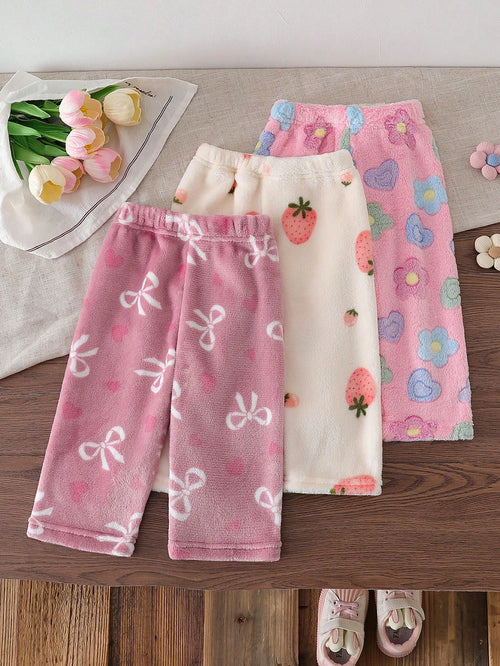 3pcs/Set Baby Girl Casual Strawberry, Bow, Flower Pattern Pants