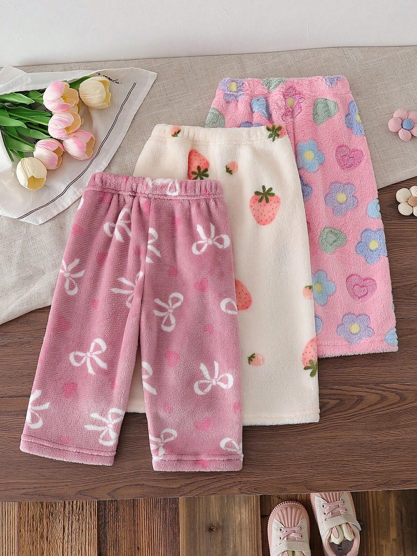 3pcs/Set Baby Girl Casual Strawberry, Bow, Flower Pattern Pants