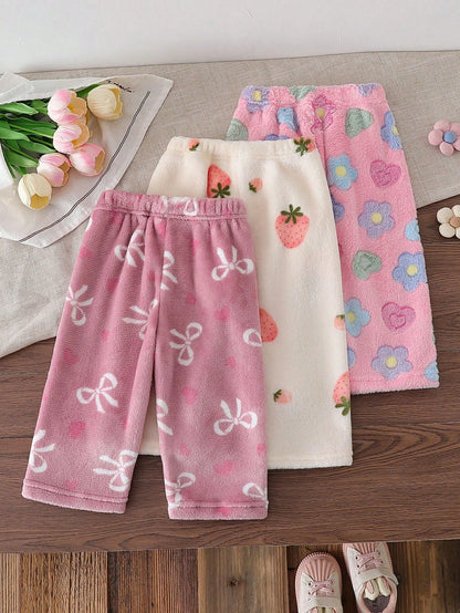 3pcs/Set Baby Girl Casual Strawberry, Bow, Flower Pattern Pants