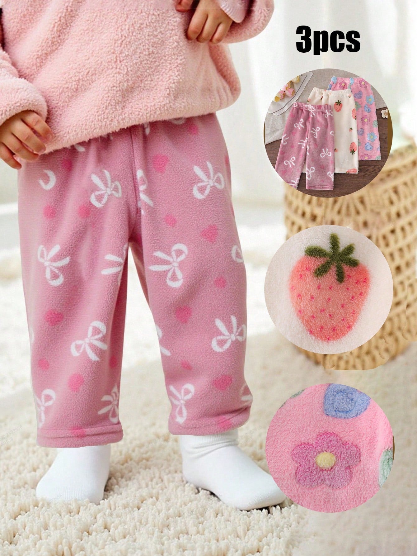3pcs/Set Baby Girl Casual Strawberry, Bow, Flower Pattern Pants