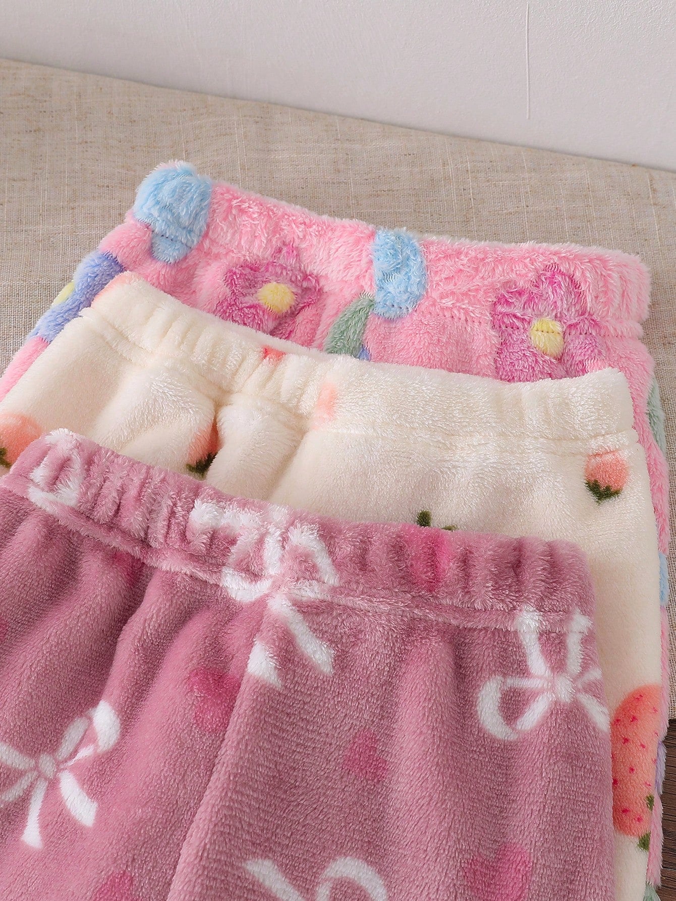 3pcs/Set Baby Girl Casual Strawberry, Bow, Flower Pattern Pants