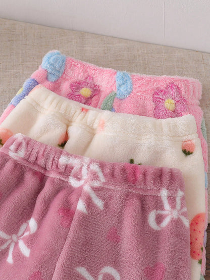 3pcs/Set Baby Girl Casual Strawberry, Bow, Flower Pattern Pants
