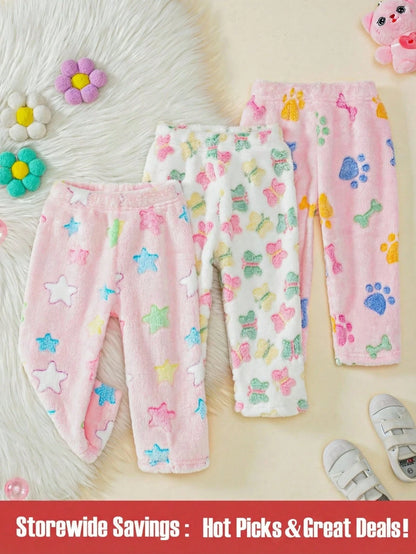 3pcs/Set Baby Girl Casual Strawberry, Bow, Flower Pattern Pants