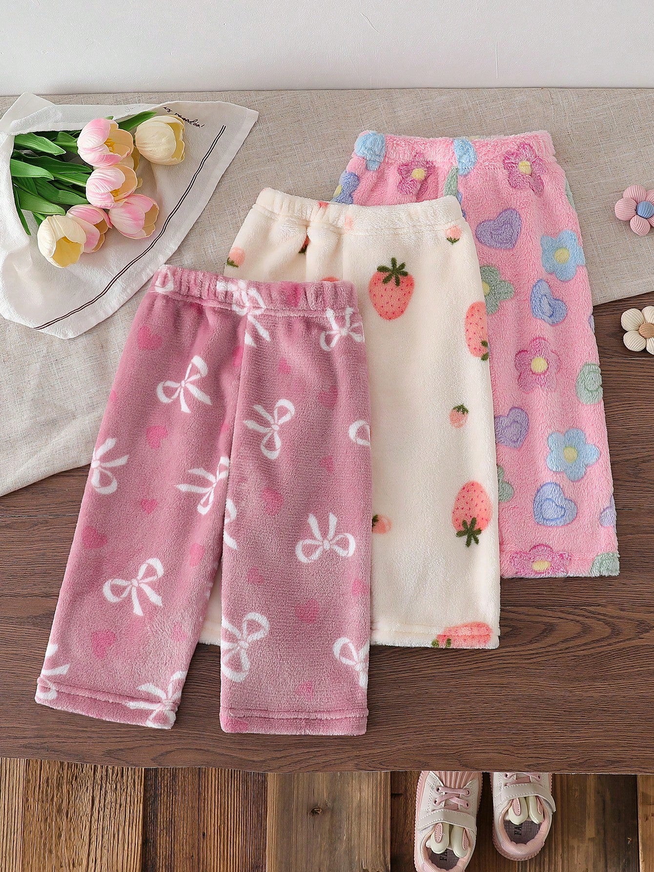 3pcs/Set Baby Girl Casual Strawberry, Bow, Flower Pattern Pants