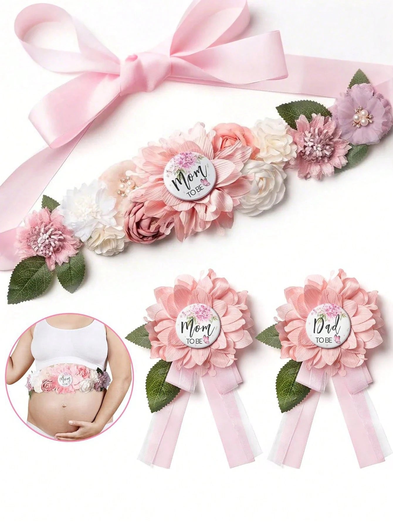 3pcs Set- Baby Shower Maternity Belly Band- Pink Floral Belly Band, Mom-To-Be & Dad-To-Be Corsage Pins, Gender Reveal Party, Welcome Baby Party, Maternity Floral Belly Band, Maternity Corsage Pins D