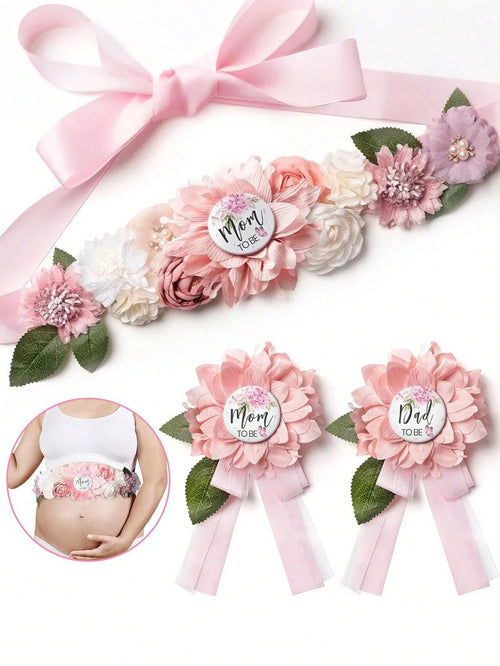 3pcs Set- Baby Shower Maternity Belly Band- Pink Floral Belly Band, Mom-To-Be & Dad-To-Be Corsage Pins, Gender Reveal Party, Welcome Baby Party, Maternity Floral Belly Band, Maternity Corsage Pins D